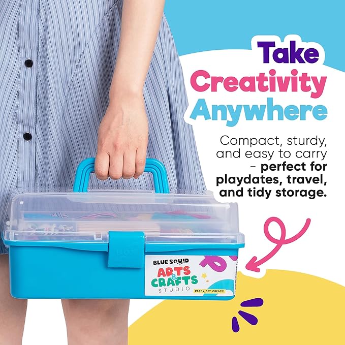 blue squid arts & crafts box (blue)- 2800+ pcs deluxe craft supplies box, 2 drawers, 18 compartments, sturdy handle - art crafting kit birthday gifts for kids, school supply for ages 4-12