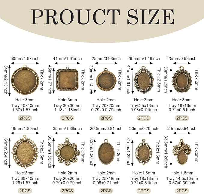 20Pcs Bezel Pendant Trays 10 Styles Vintage Cabochon Bezel Settings Trays Charms Tibetan Style Oval Trays Pendant Blanks for DIY Crafts Photo Necklace Jewelry Making