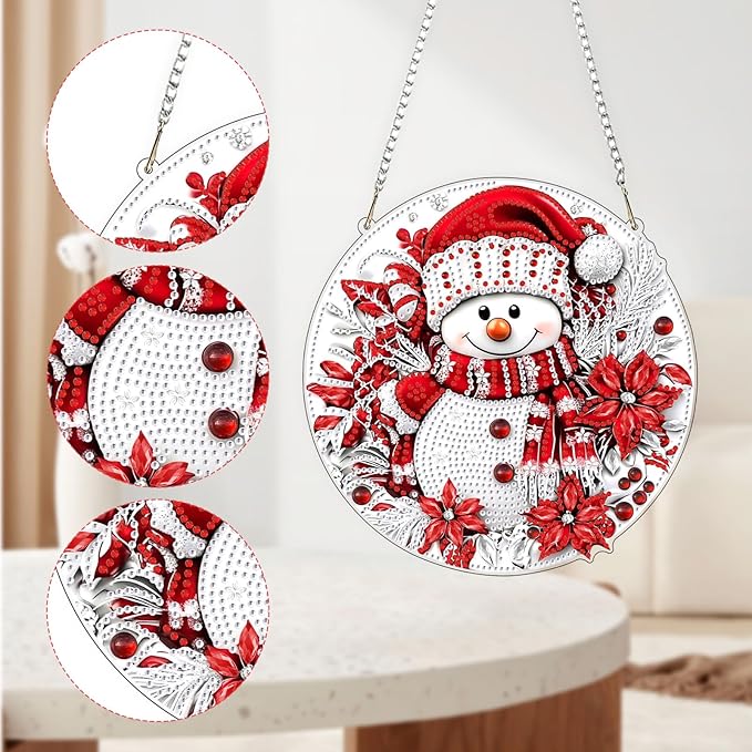 QENSPE Christmas Diamond Art Hanging Kits for Adults with Chain, 5D Special Shape Snowman Diamond Paingting Ornaments Kits, Easy DIY Crystal Pendant Gem Art for Home Garden Wall Decor 8X8 inch