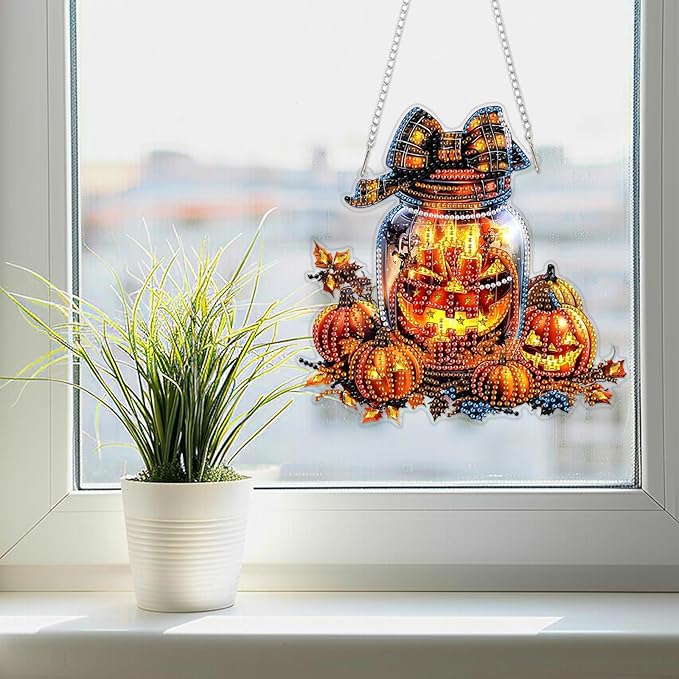 SENQAO Halloween Diamond Art Hanging Kits for Adults Beginners, DIY Acrylic 5D Special Shaped Crystal Diamond Gem Art Painting Hanging Ornament for Home Wall Decor and Gift（Pumpkin Bottle Lantern）