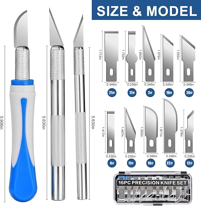 16 Pcs Premium Precision Craft Knife Set, 10 Replaceable Carbon Steel Blades, Hobby Knife for Scrapbooking, Stencil, Architecture, Wood/Leather Working