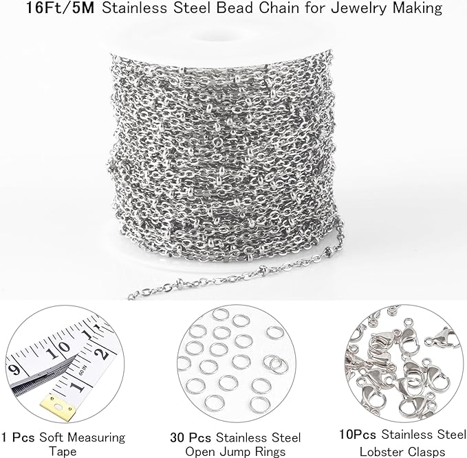 16 Ft Stainless Steel Bead Chain for Jewelry Making, 1.6 mm Thin Silver Ball Beaded Cable Link Chains Roll for DIY Necklace Bracelet Jewelry Making Supplies with Lobster Clasps Soft Tape Measure