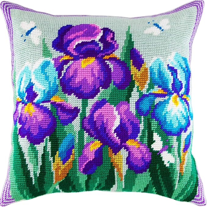 Floral Embroidery Kit for Adults and Beginners — Blue Irises 16″ × 16″ with Clear, Precise Printed Design on Cotton Canvas; Includes 2 Needles, Yarn, and Easy-Read Chart