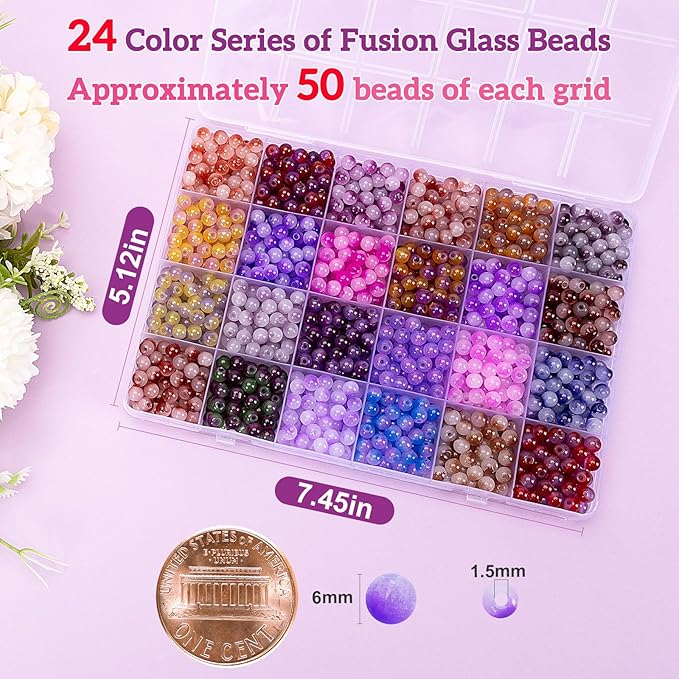 XSEINO About 1200+ pcs 6mm Glass Beads Bracelet Making Kit, 24 Assorted Purple Bi-Color Fusion Series Crystal Beads for Jewelry Making, DIY Crafts, Friendship Bracelets