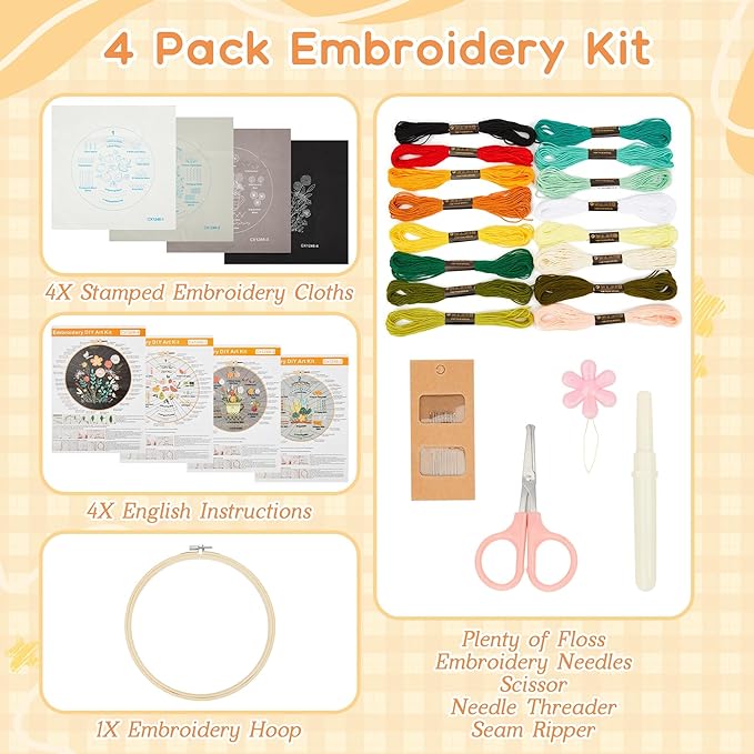 useamie 4 pack embroidery kit, adult cross stitch kit, suitable for embroidery beginners, with printed embroidery patterns, 7.9 inch embroidery hoop, complete with embroidery thread and needle tools
