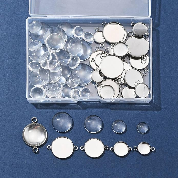 Stainless Steel Blank Dome Links Pendant Tray Connectors with Double Loops for Earrings Bracelets Necklaces Keychains DIY Craft Golden Glass Cabochon Jewelry Making Kit