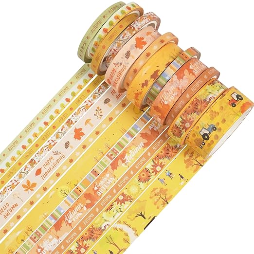 YUBX Autumn Washi Tape Set 18 Rolls Fall Printed Embellishment Yellow Decorative Masking Tapes for Arts, DIY Crafts, Journals, Planners, Scrapbook, Wrapping