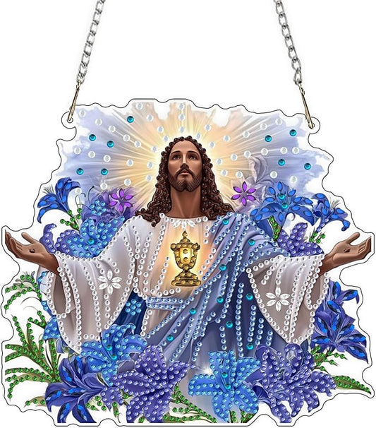 QENSPE Jesus Hanging Diamond Art with Chain, 5D Special Shape Flowers Diamond Paingting Ornaments Kits, Easy DIY Crystal Pendant Gem Art for Home Garden Wall Decor 8X8 inch