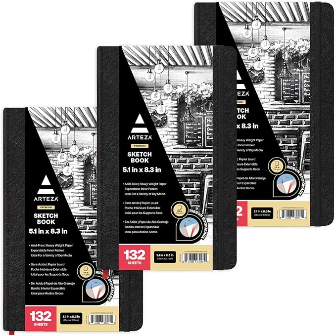 ARTEZA Small Hardcover Sketch Book 5.1x8.3 Drawing Pad 3 Pack 100 Sheets Sketch Pads for Drawing for Adults & Teens
