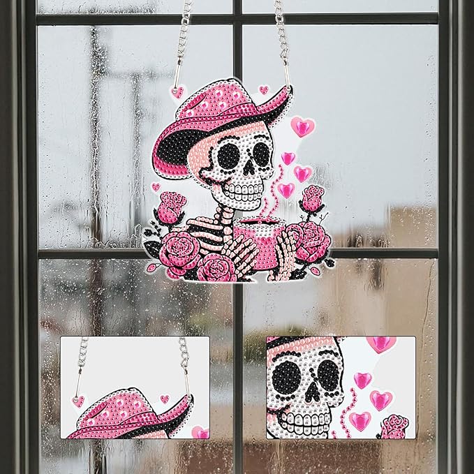 AiYuanzsh DIY 5D Diamond Art Hanging Rose Skull, Pink Skeleton Wall and Door Pendant, Diamond Painting Ornament with Rhinestones for Halloween, Western, Valentine’s Day Home Decor