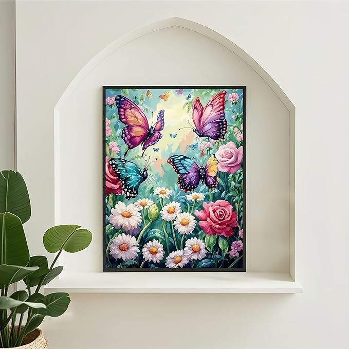 Diamond Art Kits for Adults Flower Butterfly, DIY 5D Diamond Painting Kit for Beginners Spring, Full Round Drill Gem Art Dots for Adults, Diamond Dots Paintings Crafts Home Wall Decor 12X16 Inch