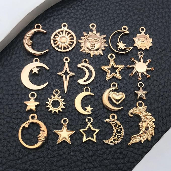 WOCRAFT 60pcs KC Gold Sun Moon Star Charms Bracelet Charms for Jewelry Making Sets DIY Necklace Bracelet Keychain Crafting Charms Kit Craft Supplies (SN836)