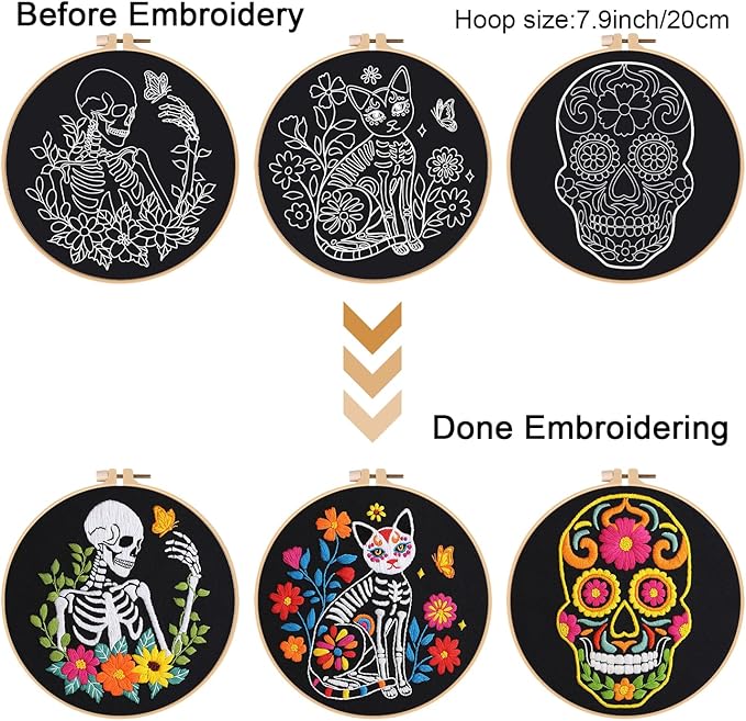 louise maelys 3 sets halloween embroidery kits for beginners,cross stitch kit for adults,diy starters needlepoint with skull flowers pattern,including instruction