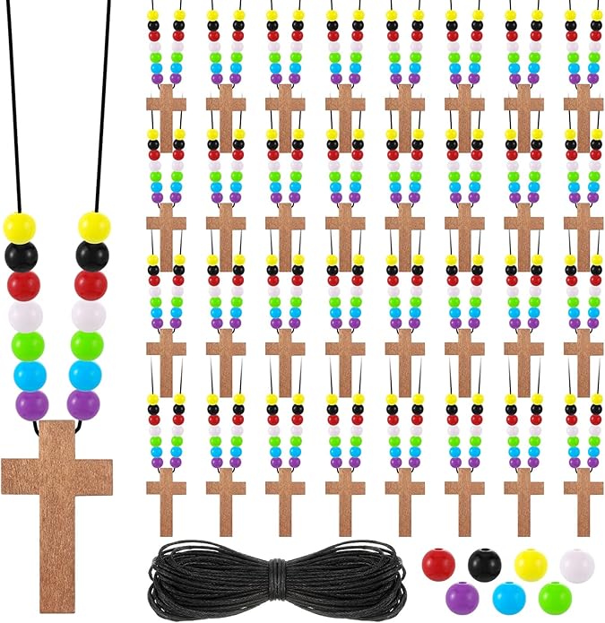Kathfly DIY Wood Cross on Cord Pendant Necklace Sunday School Crafts for Kids Wood Cross Necklace with Colorful Beads Religious Party Favor for Vbs Church Easter Gifts