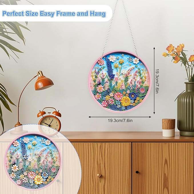 TOSTOG Spring Meadow Flower Diamond Art Pendant Kits for Adult, Diamond Painting Hanging Kit for Beginners, 5D DIY Crafts Gem Art, Waterproof Full Accessories for Home Decor Idea 20 * 20 cm/8 * 8 in