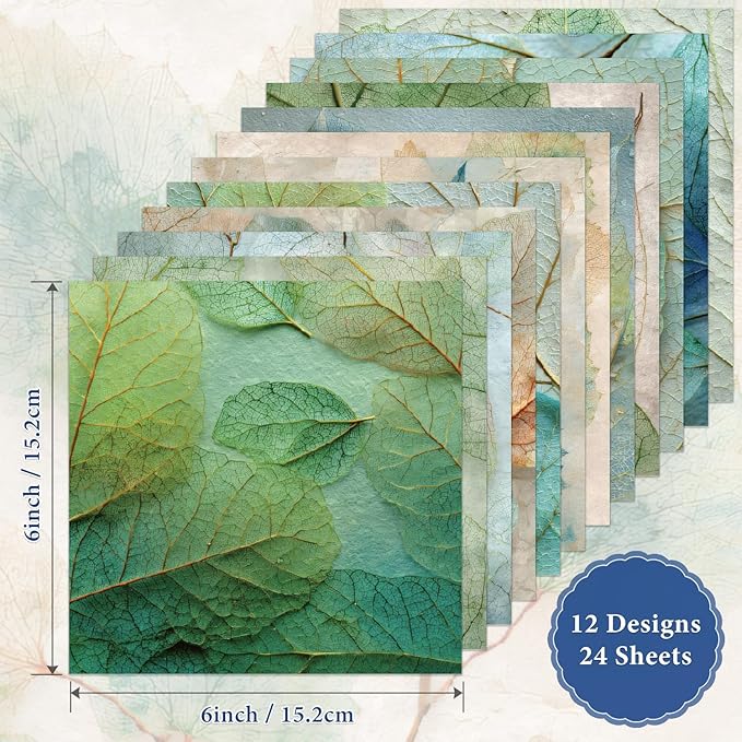 24 Sheets Green Leaves Scrapbook Paper 6'' × 6'' Single-Sided Pattern Paper Decorative Decoupage for DIY Card Craft Making Scrapbook Supplies