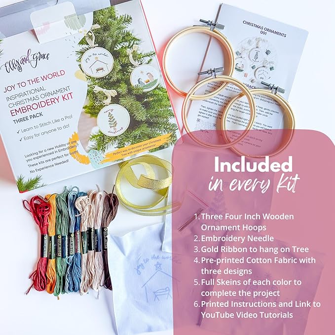 elly & grace christian embroidery kit with embroidery hoop, easy embroidery kit for beginners and adults, full embroidery hoop kit with needles and thread included (joy to the world)