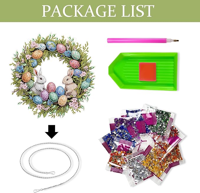 Eiflow DIY Hanging Diamond Art Kit Easter Wreath, Acrylic Diamonds Painting Pendant Board Kit Wreath, 5D Gem Art Ornament Kit for Adults, Egg and Rabbit