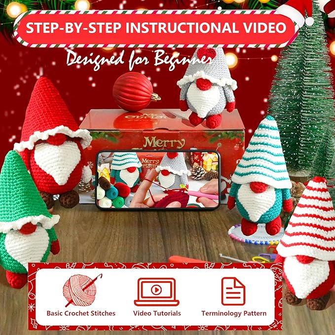 AUGVO Christmas Crochet Kit for Beginners, Crochet Starter Kits for Adults, Amigurumi Craft Knitting Crochet Animals Kits with Step-by-Step Video Tutorials, 5 Pack Gnome
