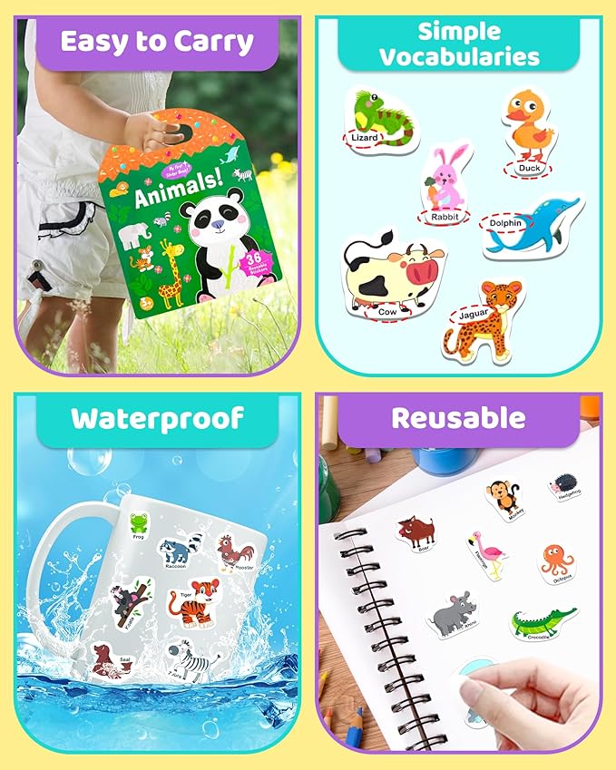 benresive reusable sticker books for kids, sticker books for toddlers, toddler travel toys activities crafts ages 3 and up birthday gifts - animals