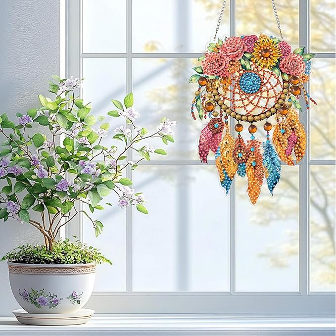 QENSPE Diamond Painting Art Hanging Kits for Adults, 5D Special Shape Diamond Paingting Ornaments with Chain, DIY Dreamcatcher Crystal Window Pendants for Home Wall Decor Double Sided Gifts 8X8 inch