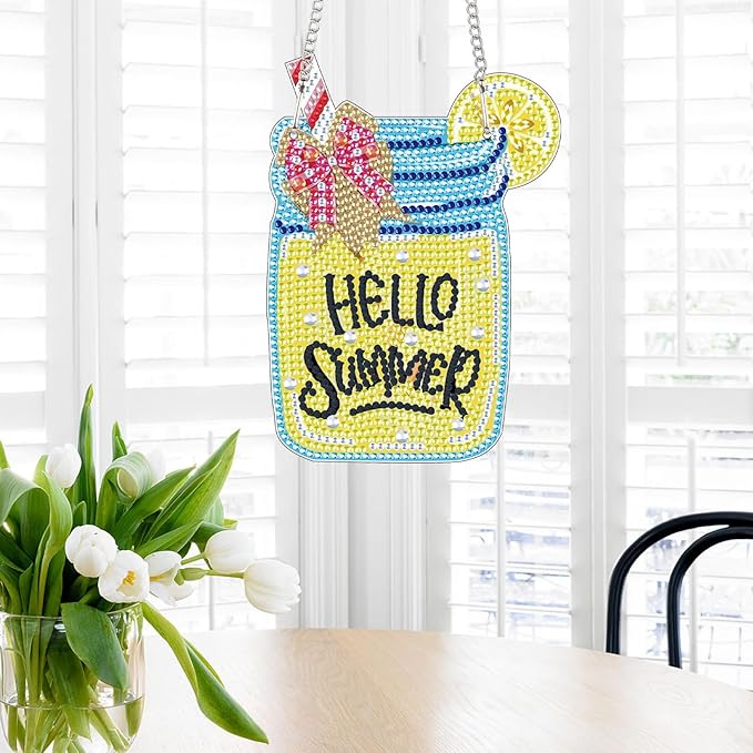 AiYuanzsh Hello Summer Diamond Painting Hanging Kit, DIY 5D Jar Lemon Drink Sign Ornament, Diamond Art Hanging for Adults, Door or Wall Summer and Holiday Decoration, Handmade Crystal Art Gift