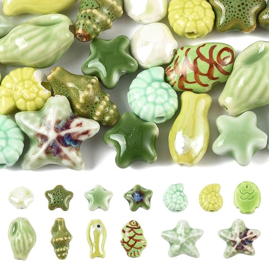 26Pcs Porcelain Ceramic Ocean Beads, 13 Styles Sea Seashell Fish Conch Starfish Porcelain Loose Spacer Beads for DIY Necklaces Bracelets Crafts Supplies