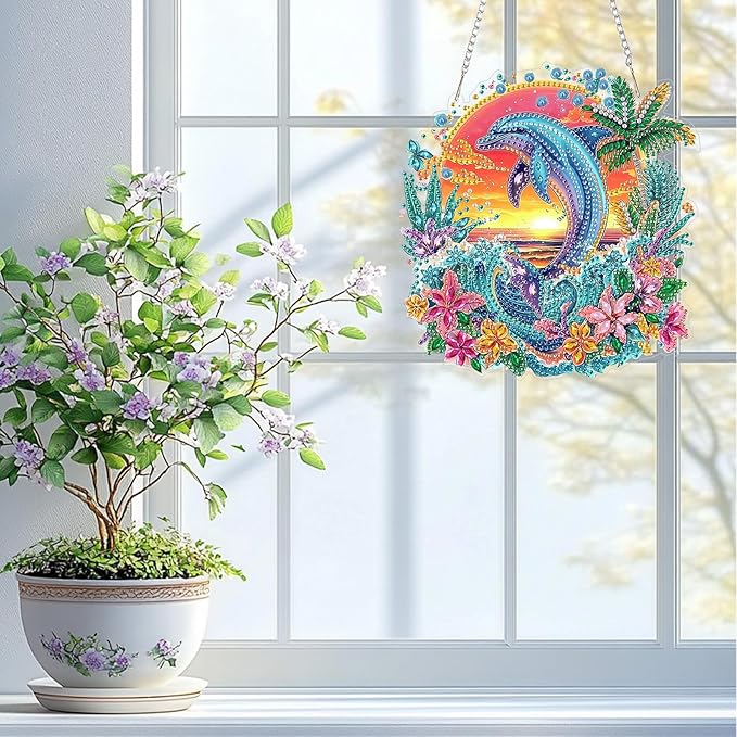QENSPE Diamond Painting Art Hanging Kits for Adults, 5D Dolphin Diamond Paingting Ornaments with Chain, DIY Sunset & Flower Crystal Window Pendants for Home Wall Decor Double Sided Gift 8X8 inch