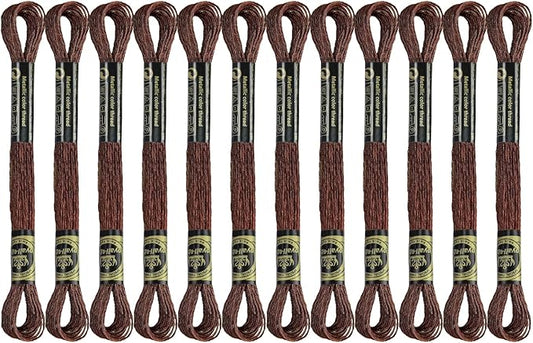 12 Skeins Embroidery Floss, Dark Brown Metallic Embroidery Thread Polyester Cross-Stitch Threads for Hand Embroidery String Art DIY Creation