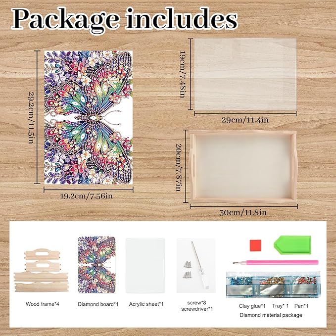 DIY Diamond Art Tray with Handle Diamond Art Painting Plate Creative Design Handmade Wooden Tray Mosaic Making Kits by Number Kits Diamond Art for Coffee Living Room Home Organizer (Butterfly)