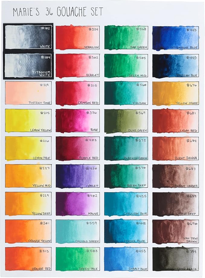 Marie's Artist Gouache Paint Sets - Highly Pigmented Gouache for Painting, Artists, Illustrators & Designers - Set of 36 Assorted Color Tubes (12mL/0.4oz)