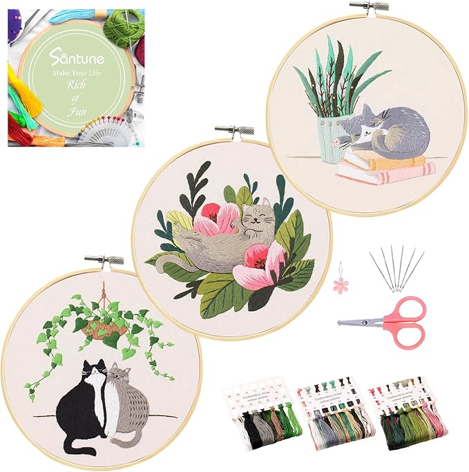 Santune 3 Pack Embroidery Kit for Beginners with Pattern, Cross Stitch Kits for Adults with Instructions,Needlepoint Kits for Adults Include 1 Embroidery Hoops,Color Threads and Needles(Cat)