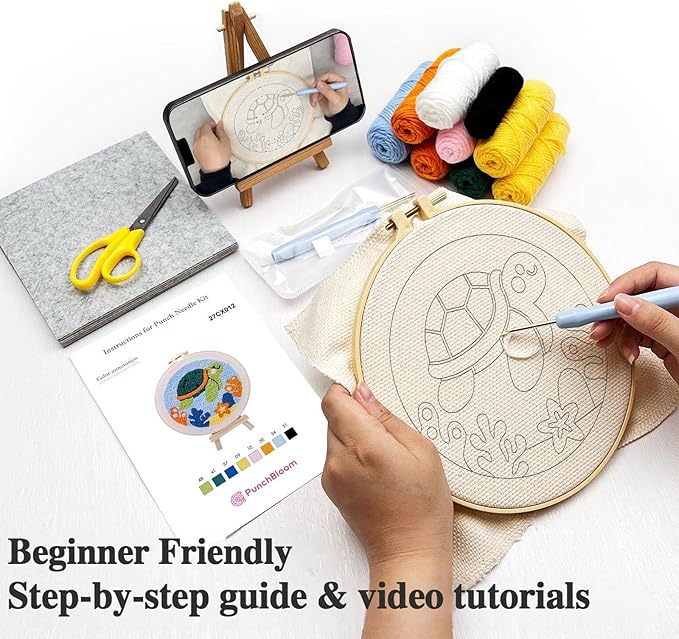 Punch Needle Kit for Beginner, 2-Pack Turtle & Sea Horse Punch Embroidery Starter Set with Instructions – Yarn Needle Punch Craft for Xmas Gift Idea & Home Wall Decor