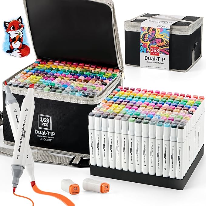 Alcohol Markers Set 168 Colors with Case & Pen Holder, Dual Tip Alcohol Based Art Markers, Chisel & Fine Tip Coloring Markers for Adult Coloring Books, Drawing, Illustration, Art Supplies