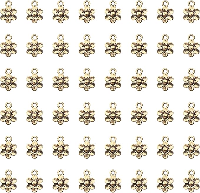 Ruwado 50 Pcs Little Flowers Charms Metal Vintage Cute Vintage Small Flower Pendants for Jewelry Making Kit Bracelet Necklace DIY Making Crafting Project Accessories Supplies (Antique Gold)