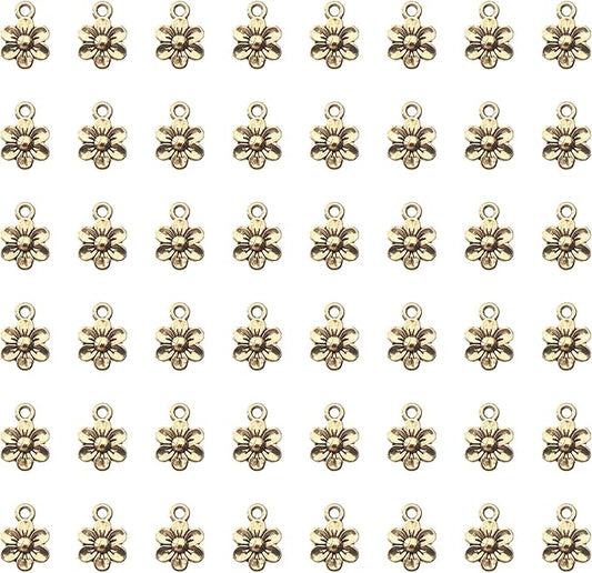 Ruwado 50 Pcs Little Flowers Charms Metal Vintage Cute Vintage Small Flower Pendants for Jewelry Making Kit Bracelet Necklace DIY Making Crafting Project Accessories Supplies (Antique Gold)