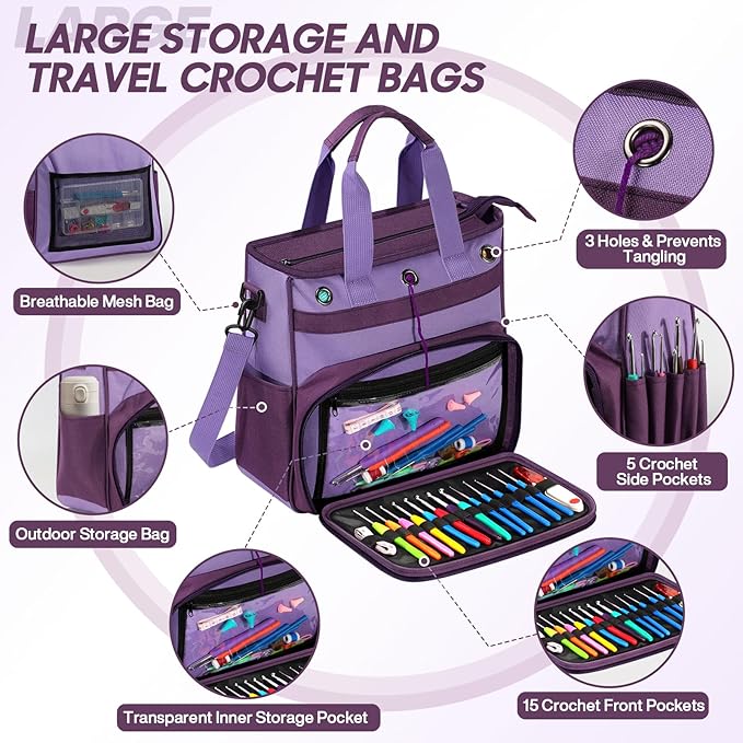 Spardar 74 pcs Crochet Kit, Crochet Kits for Beginners with Large Storage Bag, 20 Pcs Crochet Yarn, 16 Pcs Crochet Hooks, Crochet Accessories for Adults, Elderly and Beginners (Dark Purple)