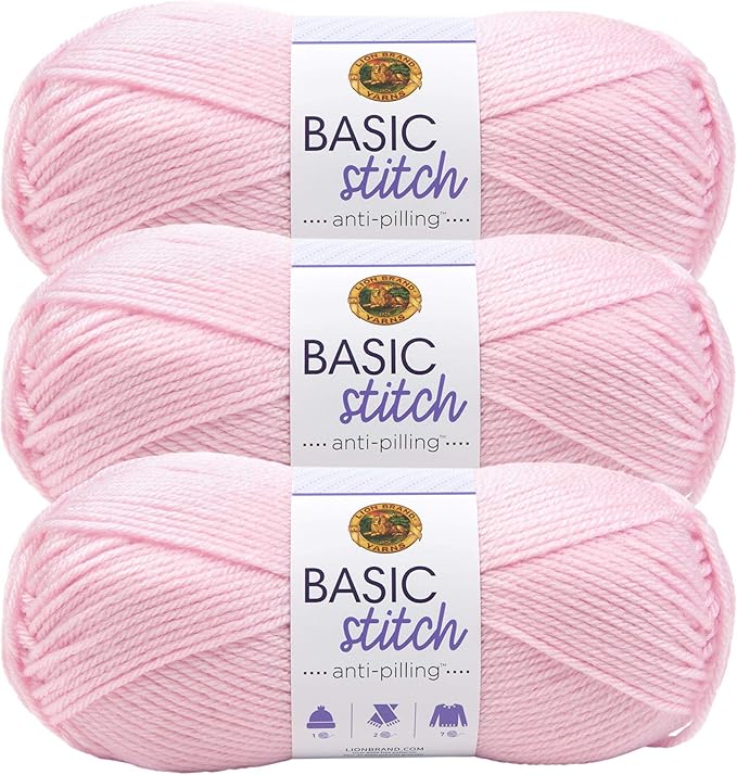 Lion Brand Yarn Basic Stitch Anti-Pilling Yarn for Crocheting, Knitting, and Crafts, Baby Pink, 3 Pack