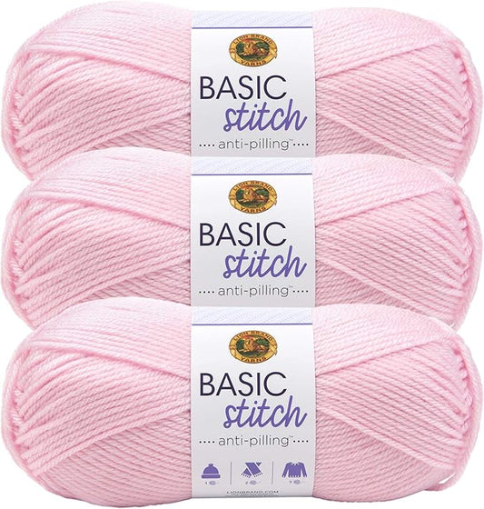Lion Brand Yarn Basic Stitch Anti-Pilling Yarn for Crocheting, Knitting, and Crafts, Baby Pink, 3 Pack