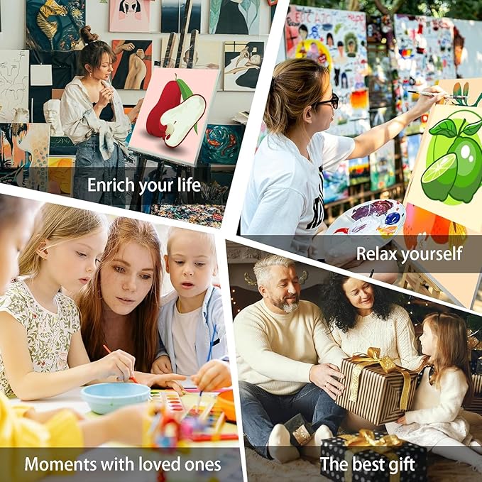 Canrichshop 6 Pack Paint by Numbers Kit for Adults & Kids Ages 4+ Framed-with Wooden Easel,Easy DIY Fruit Oil Painting on Canvas,Acrylic Paint by Number Beginner with Frame for Decor 8x8inch