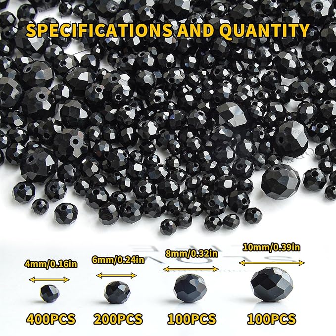 laopottbeads 800pcs 4/6/8/10mm round crystal glass beads for diy jewelry, ideal for bracelets, necklaces, pendants, and handmade craft projects(black)