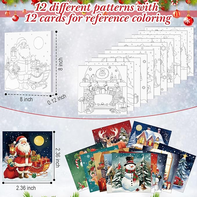 Ctosree 12 Pack Pre Drawn Canvas Kit for Painting Sip and Art Paint Kit for Adults Pre Painted Canvas Party Favors for DIY Holiday Party Date Night Gifts(Classic Xmas,8 x 8 Inch)