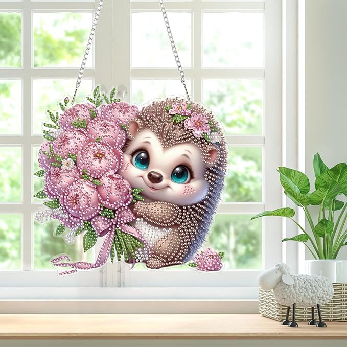 Bowetile Hedgehog Diamond Art Hanging Kits for Adults, Diamond Art Suncatchers Flowers, 5D Special Shape Diamond Painting Pendant Window Ornament Valentine's Day Gifts for Home Wall Decor