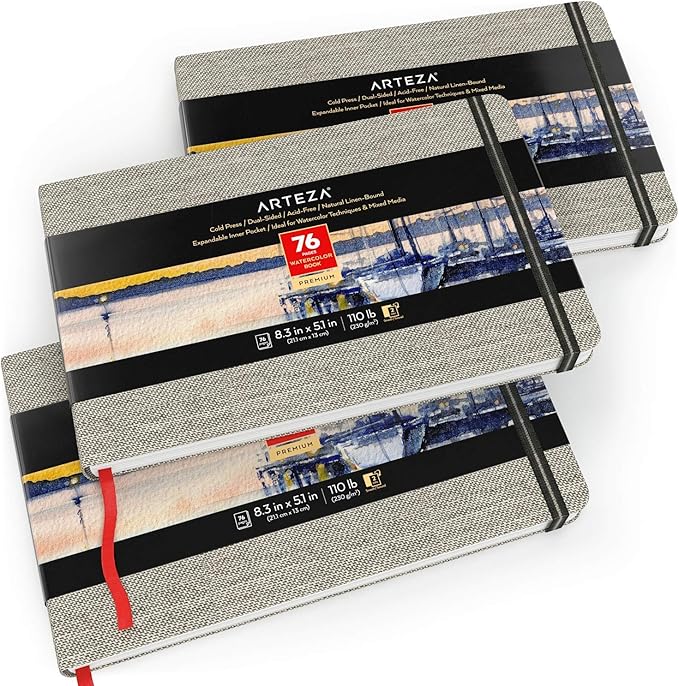 ARTEZA Watercolor Books, Pack of 3, 8.3 x 5.1 Inches, 76 Pages Each, 110 lb / 230 GSM, Cold Press, Dual-Sided, Acid-Free Linen-Bound Hardcover Books for Watercolor and Mixed Media