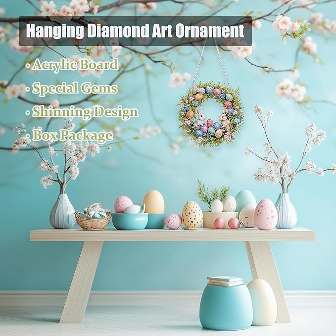 Eiflow DIY Hanging Diamond Art Kit Easter Wreath, Acrylic Diamonds Painting Pendant Board Kit Wreath, 5D Gem Art Ornament Kit for Adults, Egg and Rabbit