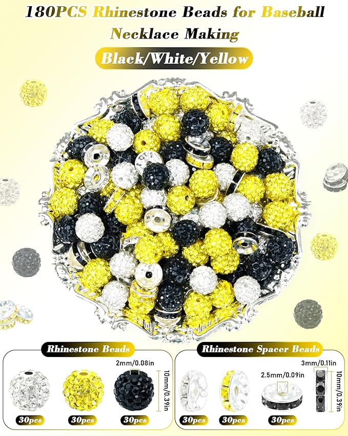 180pcs fiveizero 10mm rhinestone beads for jewelry making – sparkly round crystal clay beads & spacers in baseball team colors for bracelets, necklaces & diy crafts (black, white, yellow)
