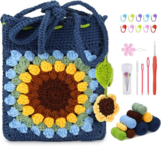 Pnytty Crochet Kit for Beginners, Beginners Crochet Kit-Bag, Crochet Starters Craft Kniting Kits for Adults Include Crochet Yarn Hook Tools Supplies and Easy Step-by-Step Video Tutorials (Blue)
