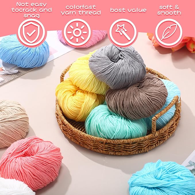16 Skeins Cotton Yarn for Crocheting Knitting Soft Fine Clothes Cotton Blankets Yarn Bulk Assorted Colors for DIY Craft, Each 50g/185yard, 16 Colors(Stylish Colors)