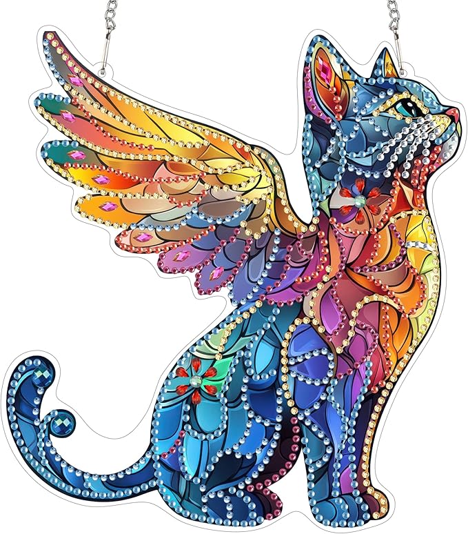 SKRYUIE Cat Hanging Diamond Art Kits for Adults Pendant Suncatcher, Special Shaped Crystal DIY Pearl Diamond Painting Kit, Gift for Mother Spring Summer Window Wreath Decor 7.8 x 6.86 Inch A28