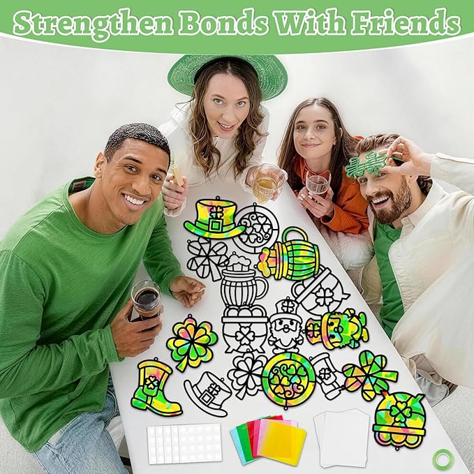 32 Sets St. Patrick's Day Suncatchers Craft Kit for DIY Irish Lucky Shamrock Leprechaun Window Stained Glass Effect Paper Suncatcher Decoration for Home School Classroom Party Activity Gift